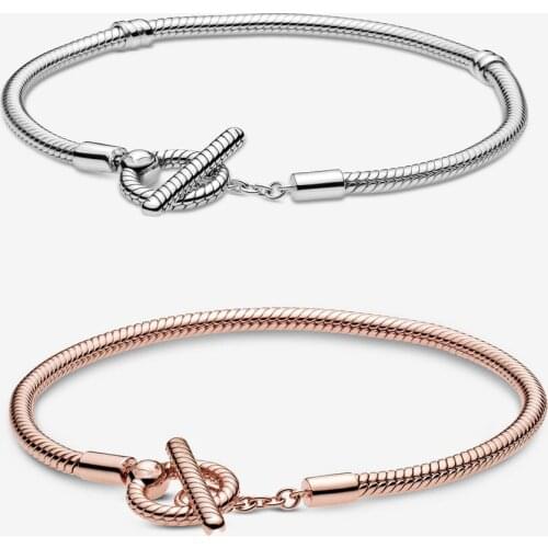 Sanlend 925 Sterling Silver Bracelets Pan Moments T-bar Snake Chain Bracelet Friendship Bangles Birthday Gifts DIY Women Jewelry