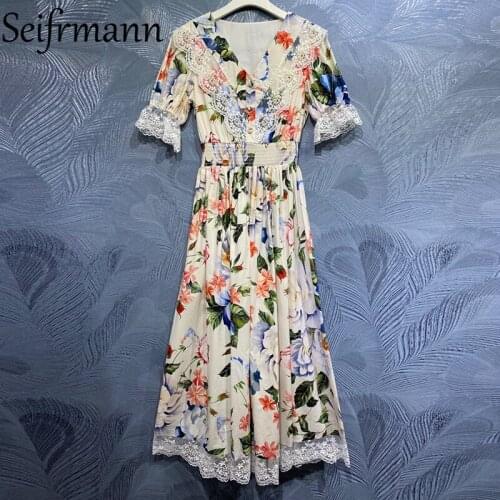 Seifrmann New 2021 Summer Women Fashion Designer Party Long Dress Flare Sleeve Gorgeous Embroidery Beading Floral Print Dresses