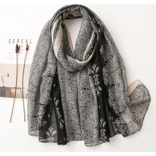 Spring Women Long Fashion Shawl Scarf Black Lace Printed Viscose Head Wraps Soft Pashmina Foulards