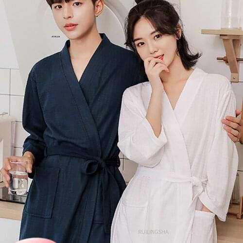 Summer Spring New Men Robe Gown Casual Waffle Kimono Bathrobe Male Daily Home Clothes Three Quarter Sleeve Sleepwear Plus Size