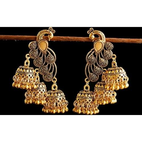 Vintage Womens Gold Peacock Indian Jewelry Gypsy Ethnic Boho Tribe Bell Long Tassel Drop Earrings Jhumka Jhumki Jewelry Gifts