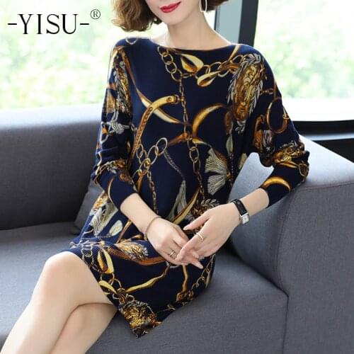 YISU Printed Knit Dress Women Long Sweaters casual Long sleeve Loose pullover soft Jumper Autumn Winter knitted Sweaters Dress