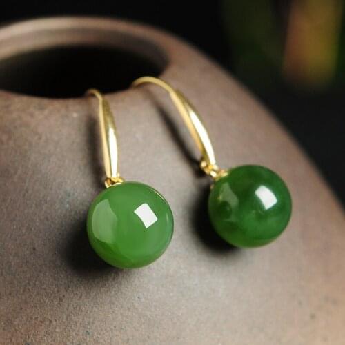 High-grade 18K gold inlaid natural jade bead earrings and Tianyu ball earrings fashion womens jade earrings