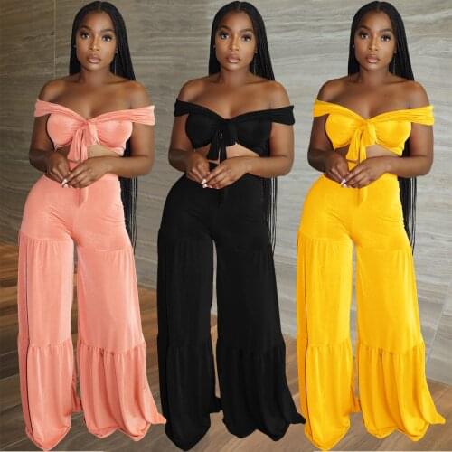 Echoine Summer Velvet Off Shoulder Slash Sexy Lace Up Crop Top Wide Leg Pants Set Two Piece Set Party Club Outfits Streetwear