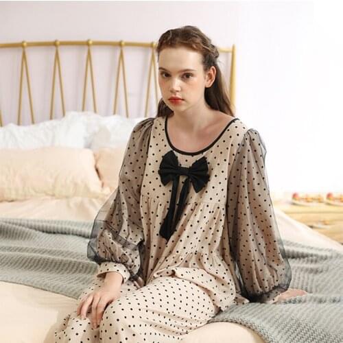 1 Set.Women‘s Loose Polka Dot Pajama Sets.Vintage Ladies Girl Mesh Dot Pyjamas Set.Cute Cotton Home Sleepwear Suit Nightclothes