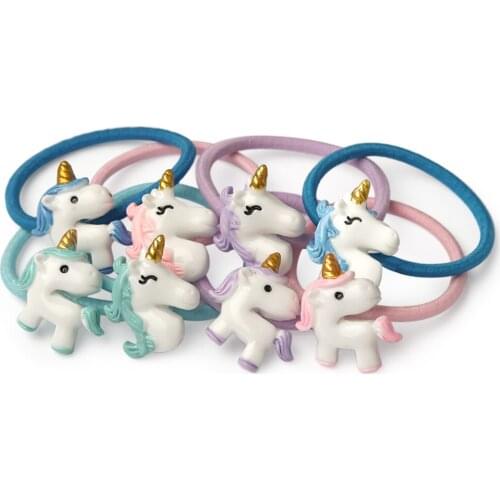 8pcs/lot Cute Unicorn Ponytail Holder Gold Horn Sleepy Eyes Unicorn With Elastic Hair Bands For Girls Children Kids