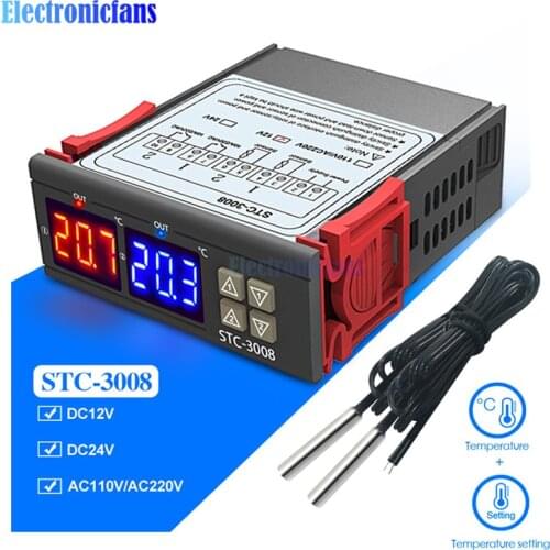 STC-3008 DC 12V 24V AC 110V 220V Dual Digital Temperature Controller Two Realy Output Thermostat Thermoregulator with Sensor