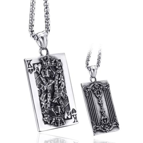Elfasio Skull King of Hearts Poker Playing Card Stainless Steel Pendant Gothic Punk Hip Hop Necklace Jewelry