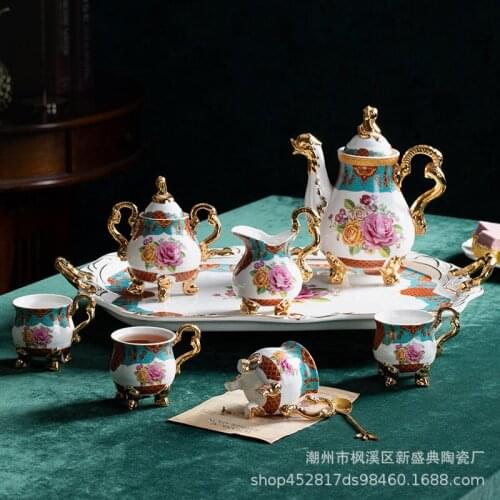 European style fish, dragon and Phoenix coffee with blooming flowers, rich and noble with big plate sugar pot and milk pot