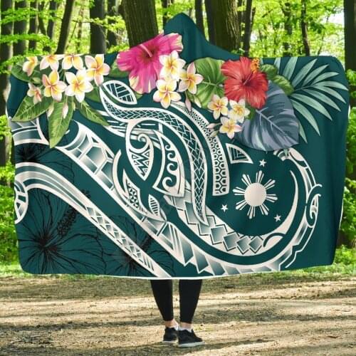 The Philippines Hooded Blanket Summer Plumeria Turquoise 3D printed Wearable Blanket Adults Kids Various Types Hooded Blanket
