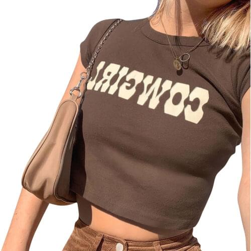 Y2K Women T-Shirts Sexy Summer Short Sleeve COWGIRL Print Casual Basic Tee Fashion Streetwear