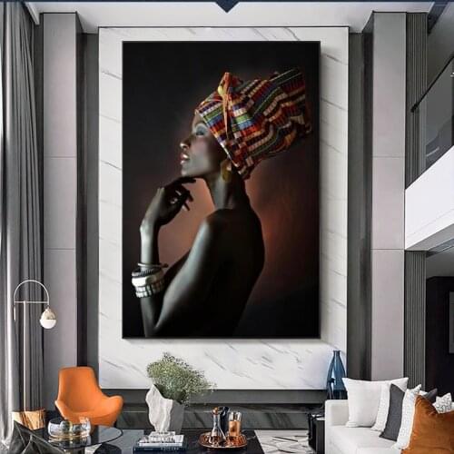 African Art Black Woman with Headwear Canvas Paintings on The Wall Art Posters and Prints Canvas Pictures for Living Room Decor