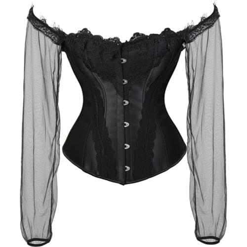 Sexy Lingerie Women Overbust Corset Bustier Top Prom Party Steampunk Gothic Black Mesh Long Sleeves Corsets Body Shapewear