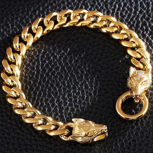 Punk Massive Double Wolf Head Gold Plated Stainless Steel Hand Chain for Men Curb Cuban Jewelry Party Gifts Homme Link Bracelets