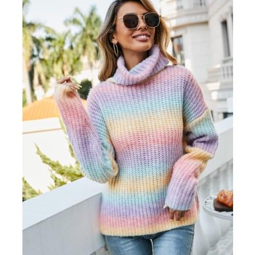 2021 Fashion Women Colorful Printing High Neck Sweaters Pullovers Casual Winter Warm Womens Girls Long Sleeve Loose Sweater