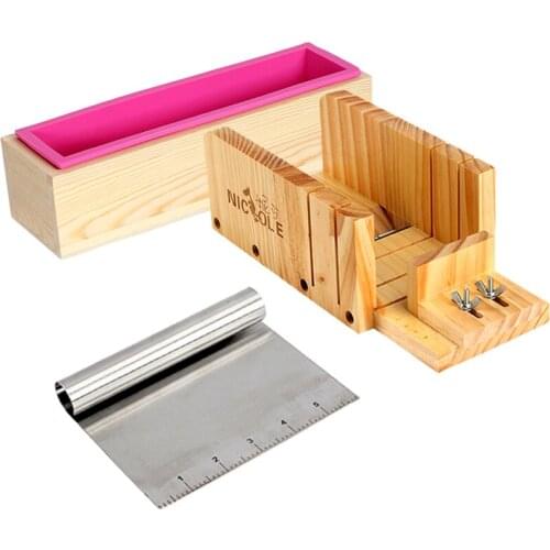Homemade Soap Making Tool Set-3 Rectangular Silicone Mold with Adjustable Wooden Loaf Cutter Box and Stainless Steel Blade