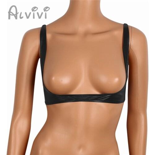 Alvivi Womens Lingerie Adjustable Wire-free Sexy Cupless Shelf Bra PVC Leather Top Push Up Bralette Bustier Lingerie for Special