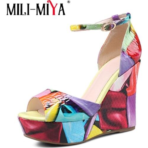 MILI-MIYA New Arrival Women Sexy Peep Toe Pumps Genuine Leather Buckle Strap Summer Wedges Cover Heels Shoes Dress Party Shoes