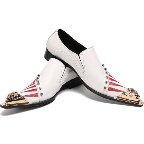 New Plus Size Genuine Leather Men Business Shoes Wedding Party White Formal Leather Shoes Male Pointed Toe Rivets Dress Shoes