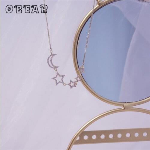 OBEAR 14k Real Gold Micro-Inlaid Zircon Stars and Moon Women Necklace Temperament Simple Choker Wedding Colar
