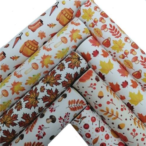 Autumn Mushrooms Maples Printed Synthetic Leather Faux Fabric Sheets Felt Backing Vinyl For Earrings bag Bow DIY 21X29CM GM2336A