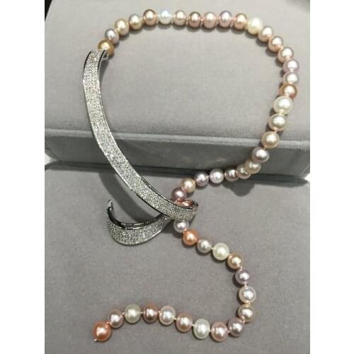 Romantic 8-9MM Natural Fresh water Pearl Necklace 55CM Multi Color Zircon perfect round Fashion Women Jewelry