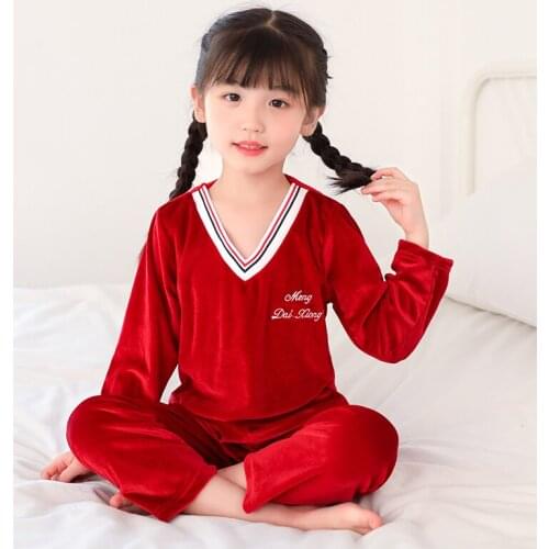 Boy Girl Pajamas Set Winter Children New Autumn Pijamas Kids Soild V-Neck Warm Homewear Pyjama Christmas Golden Velvet Sleepwear