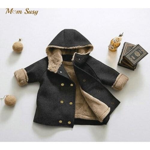 Baby Girl Boy Thick Woolen Hooded Jacket Faux Fur Inside Winter Child Warm Coat Long Windbreaker Outwear Baby Clothes 2-7Y