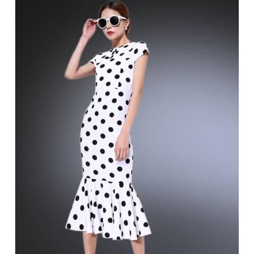 Customize Made Plus Size Women Retro Mermaid Summer Dresses Ladies Vintage Black/White Polka Dot Print Vacation Dress
