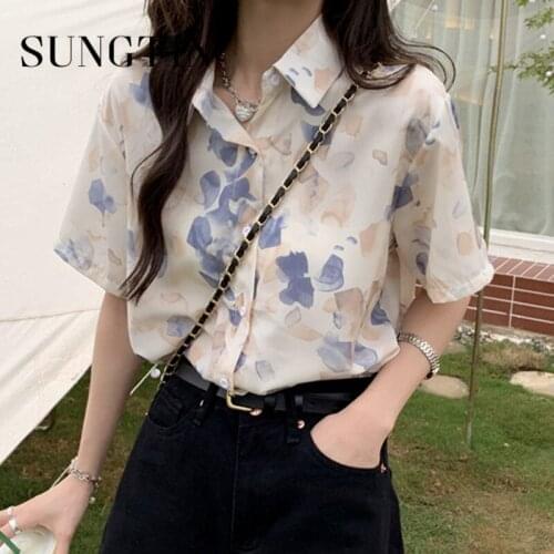 Sungtin Casual Korean Printed Loose Shirts Women Short Sleeve Button Up Shirt Vintage Chic Simple Blouses BF Camisas New Summer