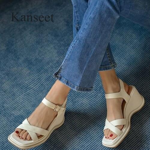 Kanseet Genuine Leather Women Shoes Summer Platform Wedges Open-Toed Sandal Ladies Buckle Strap Daily Female Footwear Apricot 40