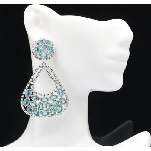 58x35mm Beautiful Long Big 20g Created Hollow Rich Blue Aquamarine Rhodolite Garnet Womans Silver Earrings
