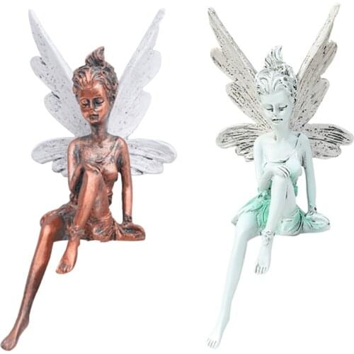 Farmhouse Sitting Fairy Statue with Angel Wing Resin Ornament Garden Sculptures Flower Elves Figurines Landscape Decor
