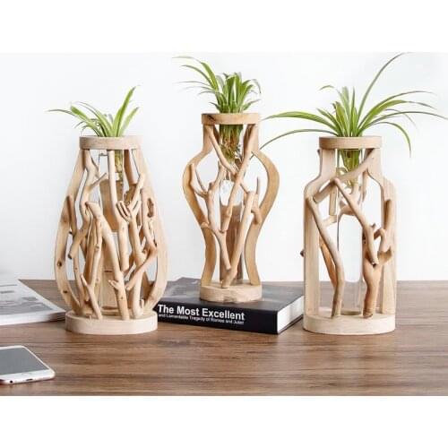 1pc Handmade Solid Wood Small Vase Decoration Wooden Flower Hydroponic Buret Vase Flower Vase