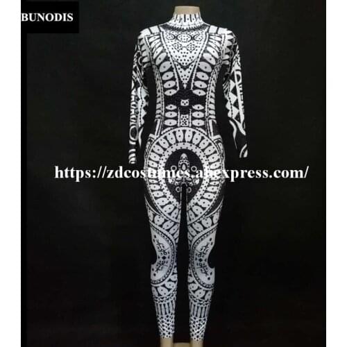 ZD239 Women Sexy Black Jumpsuit Sparkling Crystals Bodysuit 3D Printing White Flower Nightclub Party Stage Wear Performance