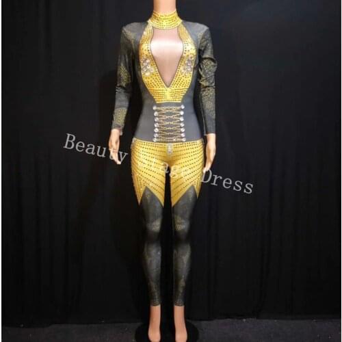 Nightclub Sexy Stage Bodysuit Yellow Diamond High ElasticJumpsuit Outfit Stage Dance Women Costume Singer Birthday Dance Wear