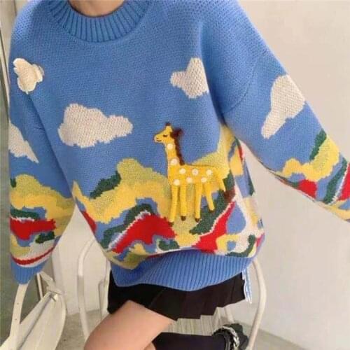 Retro Niche Cute Blue Cartoon Pullover Loose Lazy Style Embroidery Long Sleeve Oversize Sweater Coat Women Winter Clothes