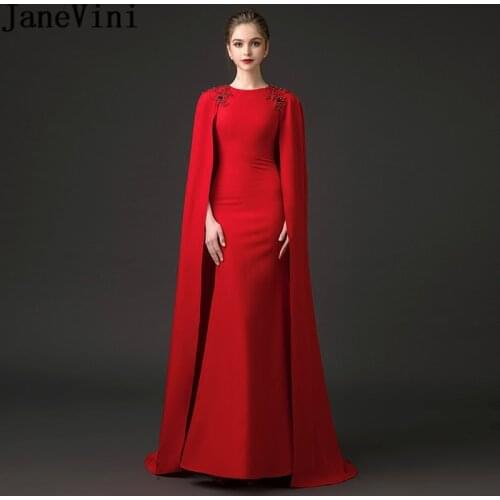 JaneVini Fashion Red Mermaid Long Prom Dresses With Cape Arabic Beaded Shoulder Satin Bridesmaid Dresses 2018 Wedding Party Gown