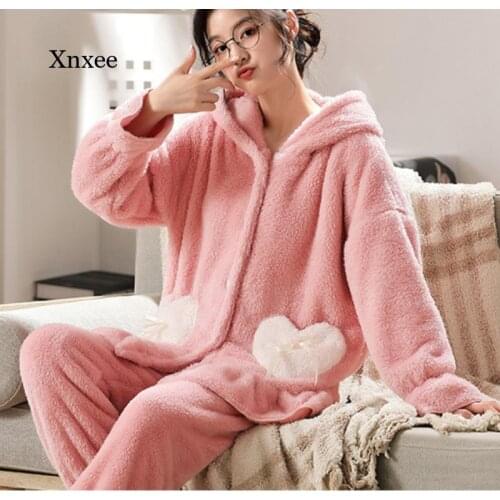 Winter Cartoon Flannel Pajamas Long Ear Hooded Pajamas Warmth and Thickening Womens Two-Piece Pocket Home Service Pajamas Set