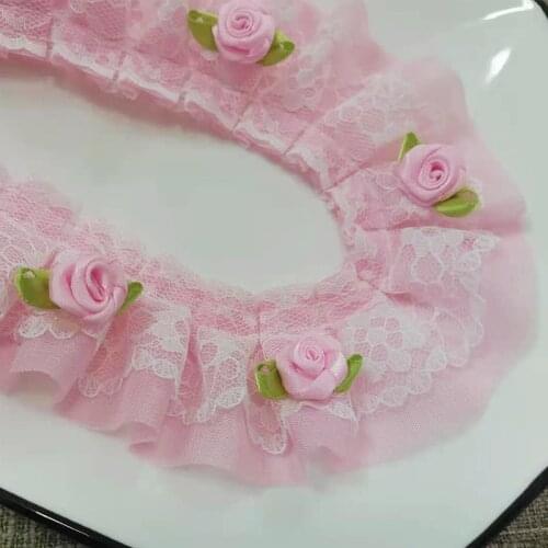 1Yards Rose Lace Fabric Collar Ribbon Wide 5cm Pink Flower Lace Applique Sewing Trim Guipure Craft Laces For Dress dentelle LE17