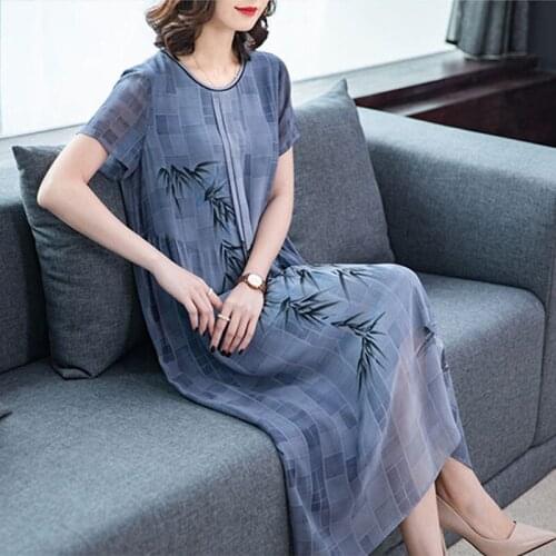 2020 Summer Loose Large Size Satin Dress Women Printed Silk Dress Womens Mid-length Fashion Casual O-neck Dress PR056