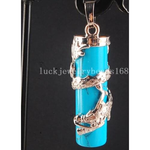 Free Shipping Women Fashion Jewelry 12x41mm Beautiful Blue Howlite Dragon Cylinder Pendant Bead C3860
