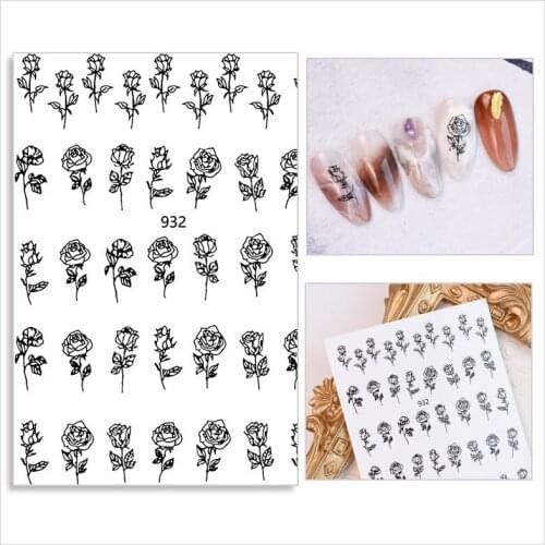 Black White Rose Nail Art Sticker Nails Stickers Decal Accessories 3D Self-Adhesive Parts Sliders Flowers Summer Tattoos Design