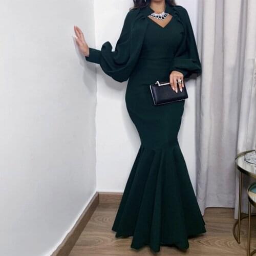 Women Elegant Solid Color V-Neck Long Sleeve Slim Mermaid Dress Oversize Party Maxi Dress