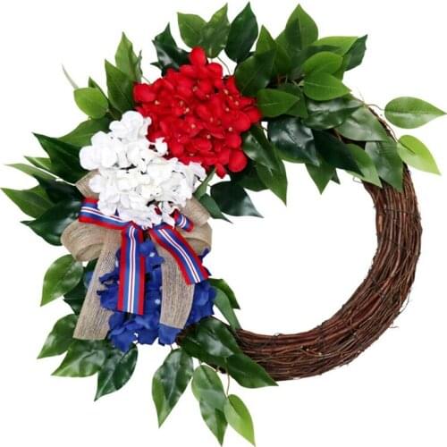 Artificial Hydrangea Wreath American Patriotic Independence Day Wreath for Front Door Wall Window Home Decoration