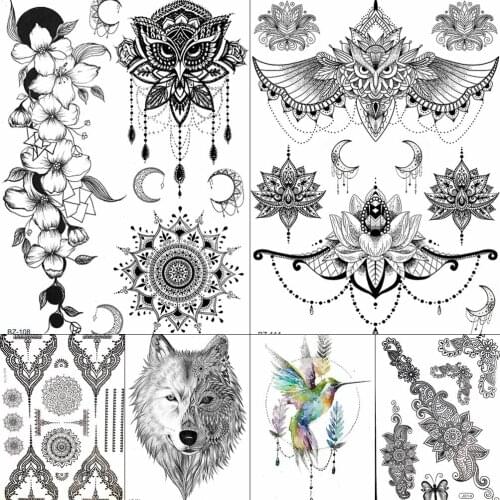 GoldOcean Owl Bracelet Chains Flower Boho Fake Jewels Temporary Tattoos Women Girl Black India Tattoo Body Large Arm Tatoo Paper