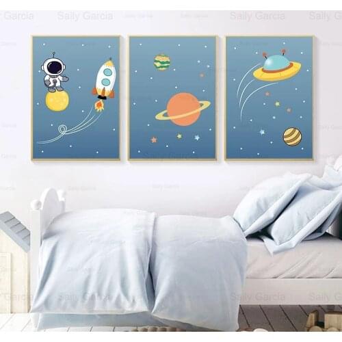 Cartoon Space Poster Canvas Painting Astronaut Planet Wallpaper Art Craft Picture Print Decoration Home Kid Room Dream