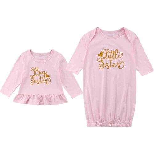 New Baby Girl Little Big Sister Match Clothes Long Sleeve T-shirt Dress Cotton Lovely Kids Girls Pink Outfits Tops T-Shirts