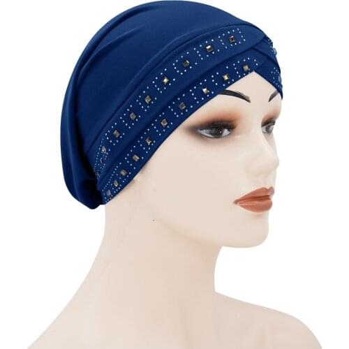 2020 New diamonds turban hijab caps soft stretchy muslim wrap head scarves forehead cross headscarf bonnet ready to wear turban