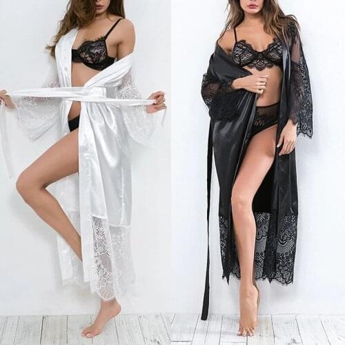 Sexy ladies long-sleeved lace pajamas ladies satin silk ice silk long pajamas elegant pajamas home service suits